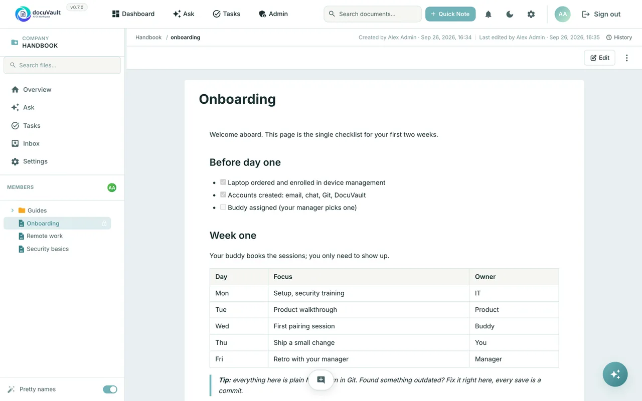 Ein Dokument mit Checkliste und Tabelle in der Weboberfläche von DocuVault